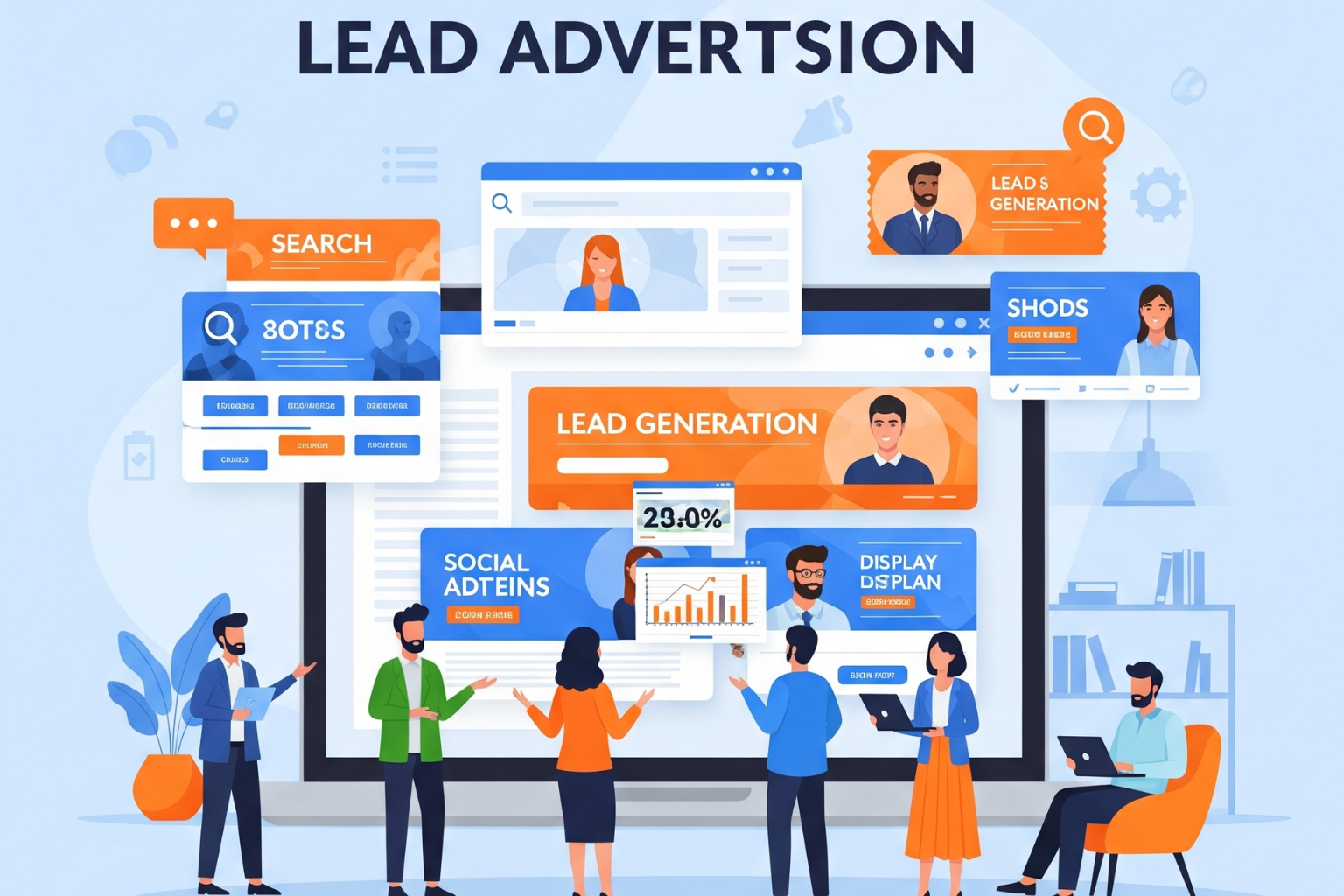 Visual representing lead advertisements, such as Facebook Lead Ads and Google Search Ads, which are used to attract highly targeted prospects and efficiently collect their contact details for lead generation.