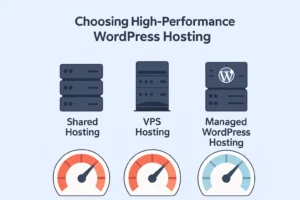 Choosing High-Performance Hosting Prompt: “Comparison chart between shared, VPS, and managed WordPress hosting with server icons and speed meters.Speed Up WordPress