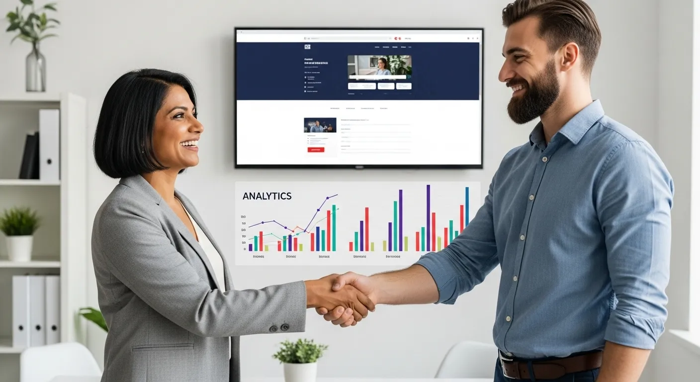 A business owner and agency representative shaking hands, celebrating the successful launch and results from their new website.