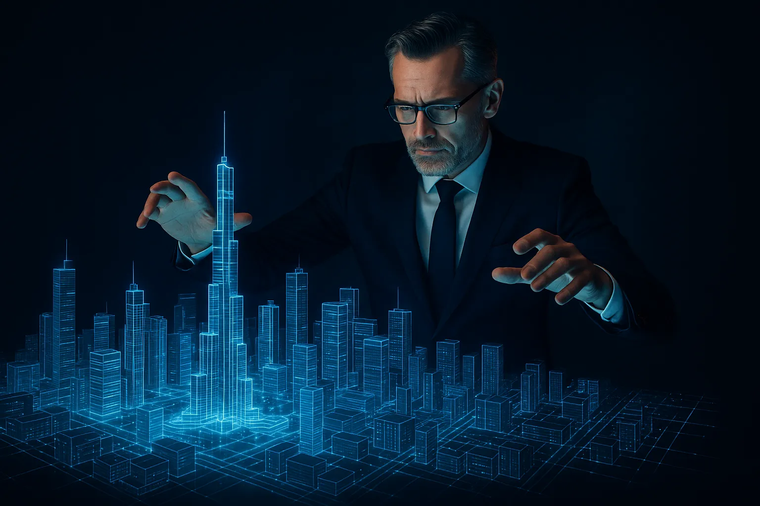 An architect designing a digital city, symbolizing the strategic role of a corporate website design agency.