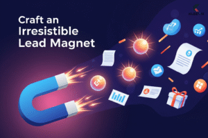 "Abstract image with the text 'Craft an Irresistible Lead Magnet'. It features a stylized magnet attracting icons representing value, like orbs and documents, all in a modern, learner-friendly design."