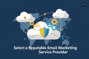 "Abstract image with the text 'Select a Reputable Email Marketing Service Provider'. It features symbols like interconnected clouds, gears for automation, and a shield for security, all in a modern, learner-friendly design."