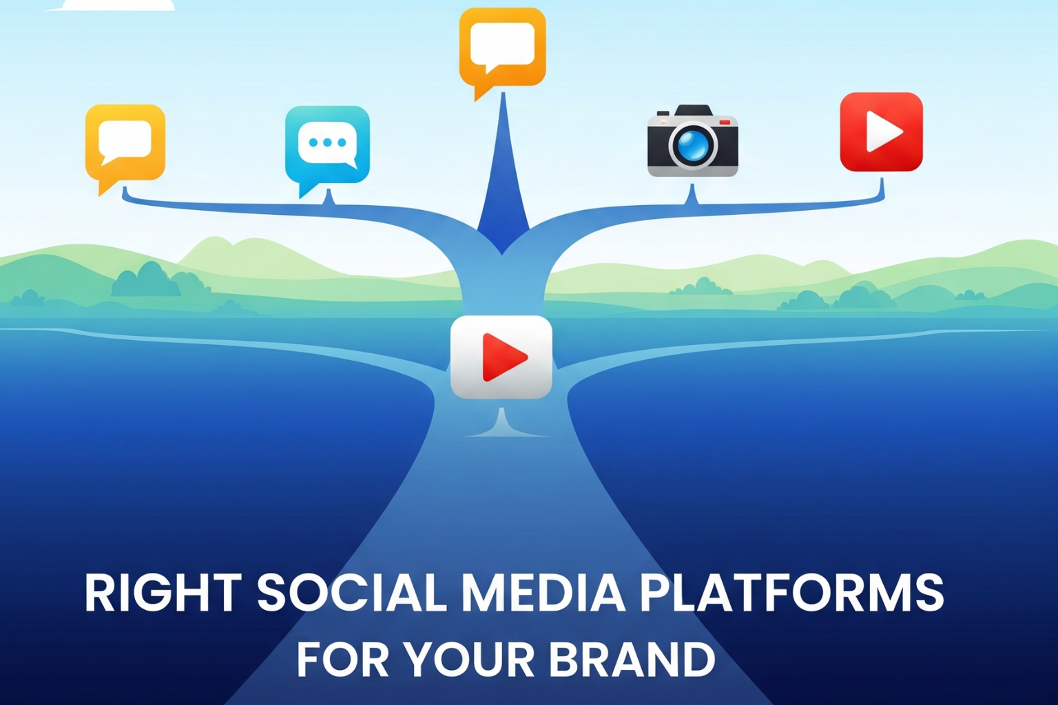 A feature image with the text 'choosing the right social media platforms for your brand'. The background is a modern, abstract illustration of a single path splitting into multiple different paths, each leading to a unique social media icon, symbolizing the process of choosing the correct platform.