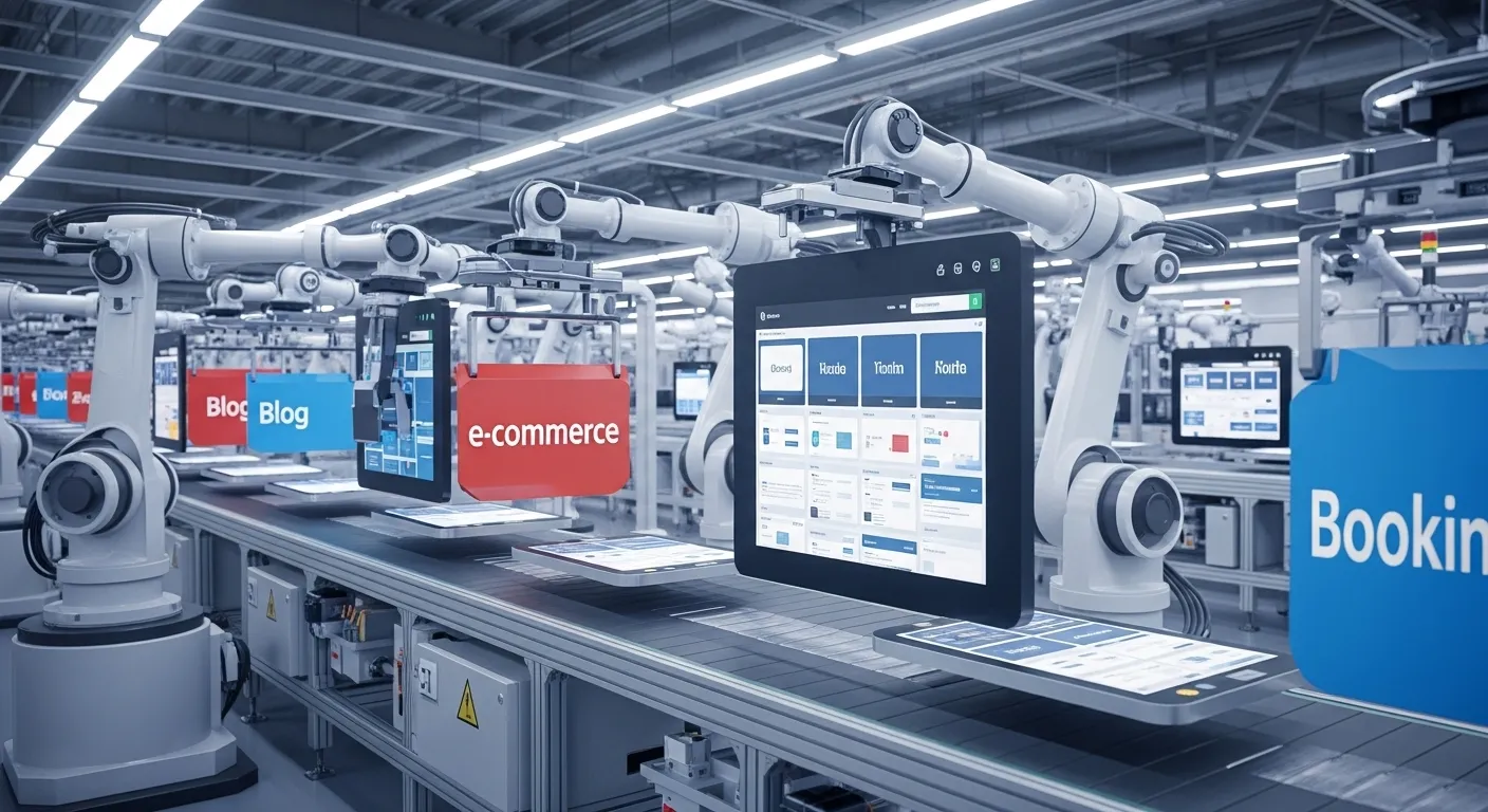 A factory line building a custom WordPress site, symbolizing the platform's scalability and flexibility in the hands of a top web developer agency.