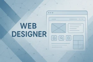 A graphic with the words "WEB DESIGNER" in large blue letters next to an outlined illustration of a web browser window displaying a wireframe layout. The background is a light blue with a subtle geometric network pattern.