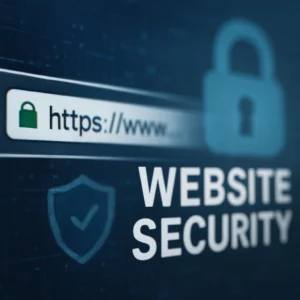 A close-up of a web browser's address bar showing "https://www" with a green padlock icon, accompanied by a blurred background featuring a large padlock and a shield icon with the text "WEBSITE SECURITY."
