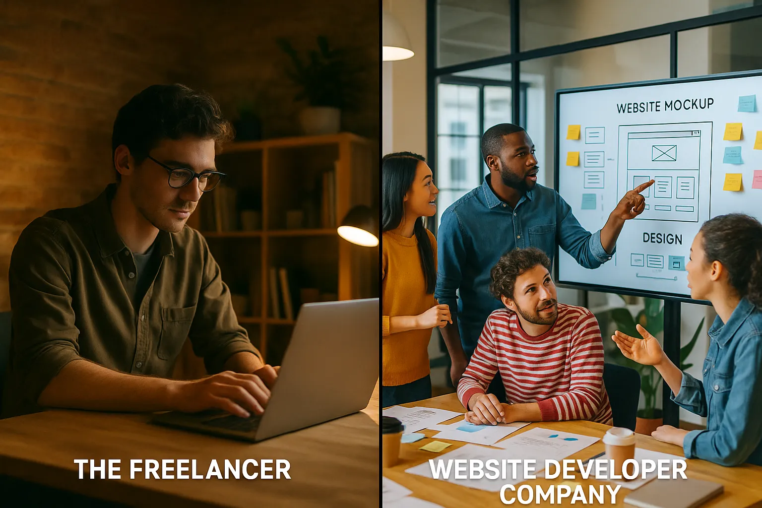 A comparison between hiring the freelancer for web design and working with a website developer company's team.