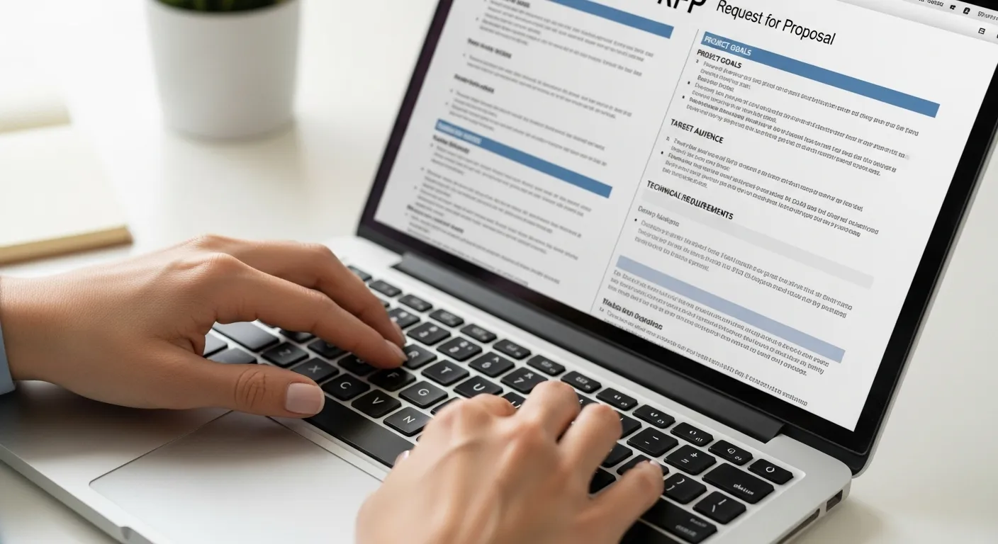 A person writing a detailed Request for Proposal to send to a web developer agency.