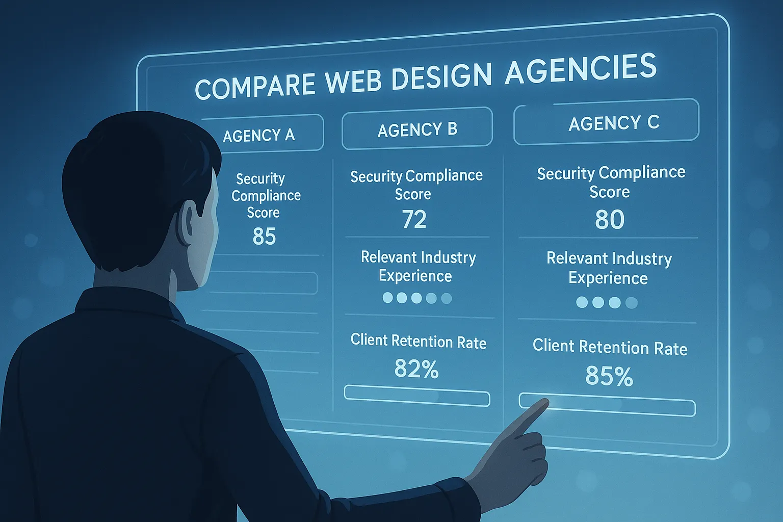 A checklist interface for vetting and choosing the right corporate website design agency based on key performance metrics.