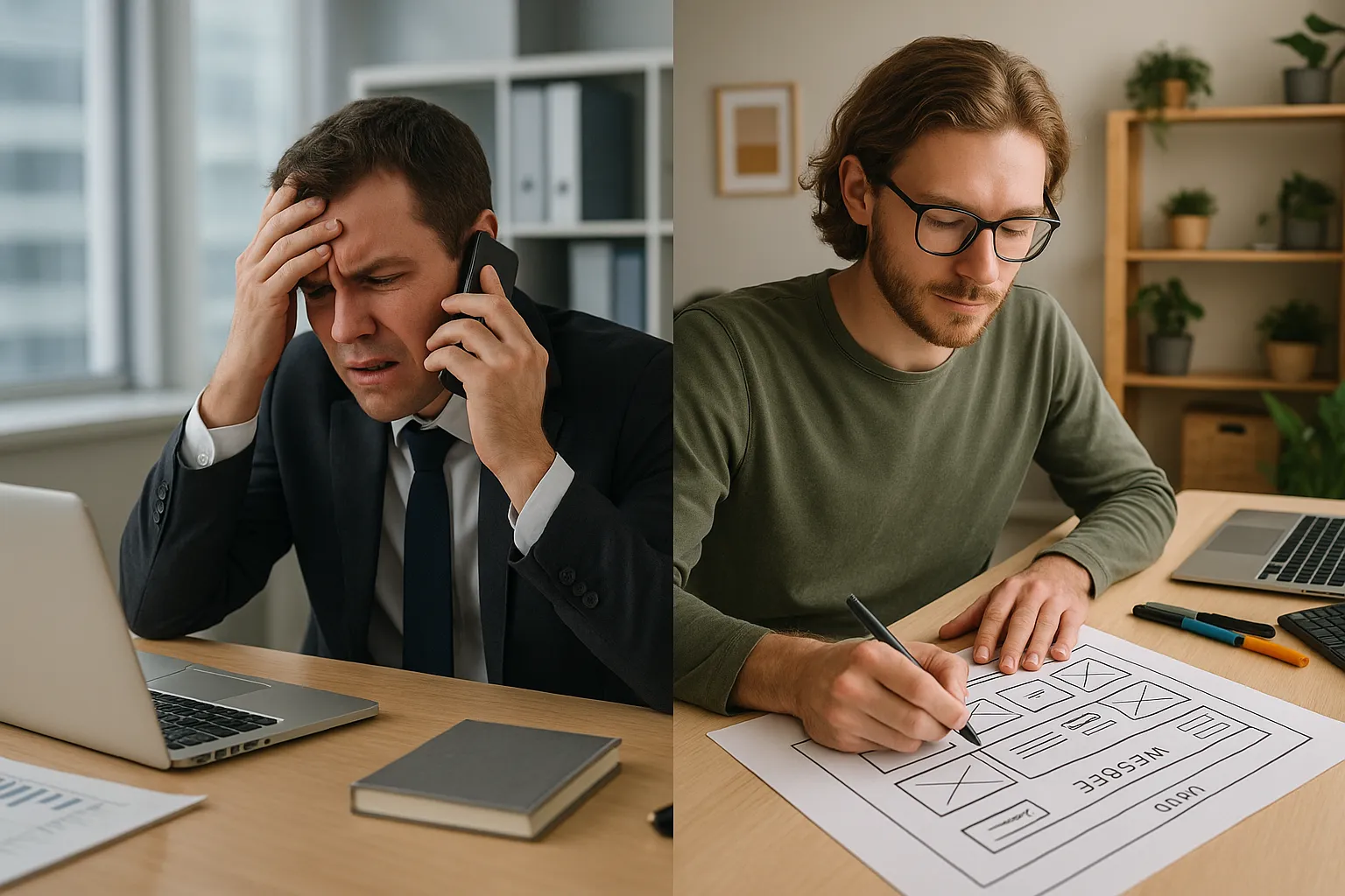 A visual comparison showing the personalized attention from a freelance web designer versus the impersonal experience of a large agency.