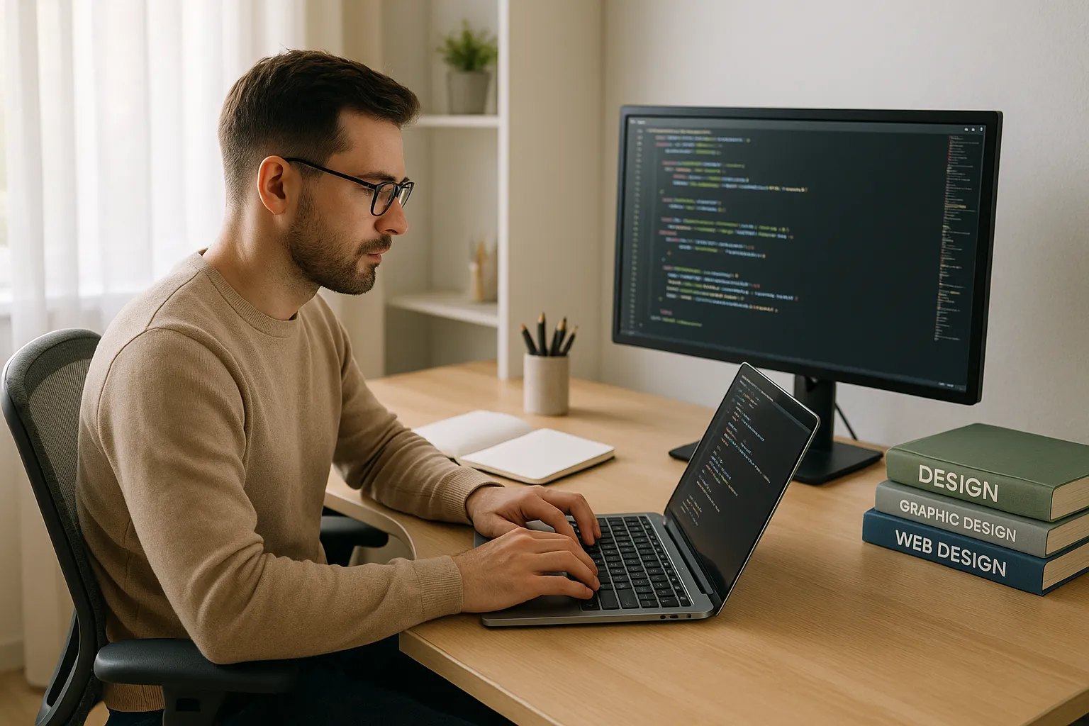 A freelance website designer at their home office.