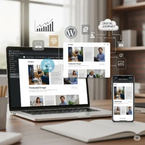 A laptop and a smartphone displaying a modern WordPress web template with a "Featured Image" section. Floating icons represent growth charts, a globe, the WordPress logo, and a cloud labeled "DIGITAL JOURNEY," illustrating online presence.