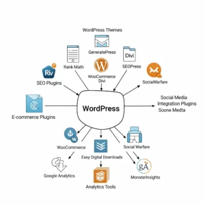 A diagram centered around "WordPress," with arrows pointing outwards to various categories of WordPress template elements and plugins, including WordPress Themes, SEO Plugins, E-commerce Plugins, Social Media Integration Plugins, and Analytics Tools, illustrating its comprehensive ecosystem for an online presence and digital journey.