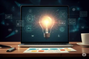 A glowing lightbulb on a laptop screen, surrounded by interconnected abstract digital icons representing ideas, strategy, and online presence, suitable for a webpage designer blog