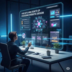 A person seated at a desk, interacting with a large, glowing holographic display that presents a comprehensive guide on "The Do's and Don'ts of Choosing Website Design," featuring various charts, diagrams, and information panels.