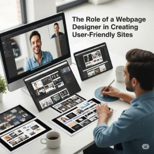 A person sitting at a desk with multiple screens displaying various website designs and a video call. The text "The Role of a Webpage Designer in Creating User-Friendly Sites" is prominently displayed on the right.