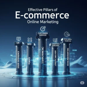 E-commerce success is built on strong pillars: UX (User Experience), SEO (Search Engine Optimization), Customer Service, Logistics & Delivery, and Social Media Marketing.