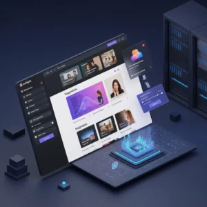 A dynamic digital workspace featuring a large, partially visible user interface on a tablet-like device, displaying content suggestions and user profiles. To the right, a floating UI element with controls, and in the background, server racks and a glowing blue abstract processor, signifying data processing and AI-driven Personalization.