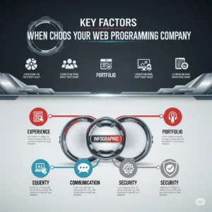An infographic titled "KEY FACTORS WHEN CHOOS YOUR WEB PROGRAMMING COMPANY," displaying various circular icons and textual elements for categories like Experience, Portfolio, Communication, and Security, connected by lines