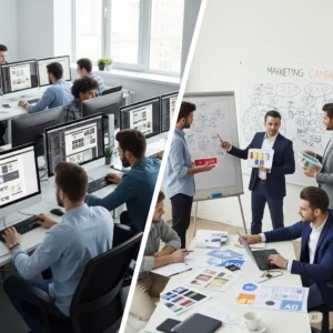 A split image showing a team of web designers working on computers on the left, and a marketing team brainstorming a "MARKETING CAMPAIGN" around a whiteboard on the right.