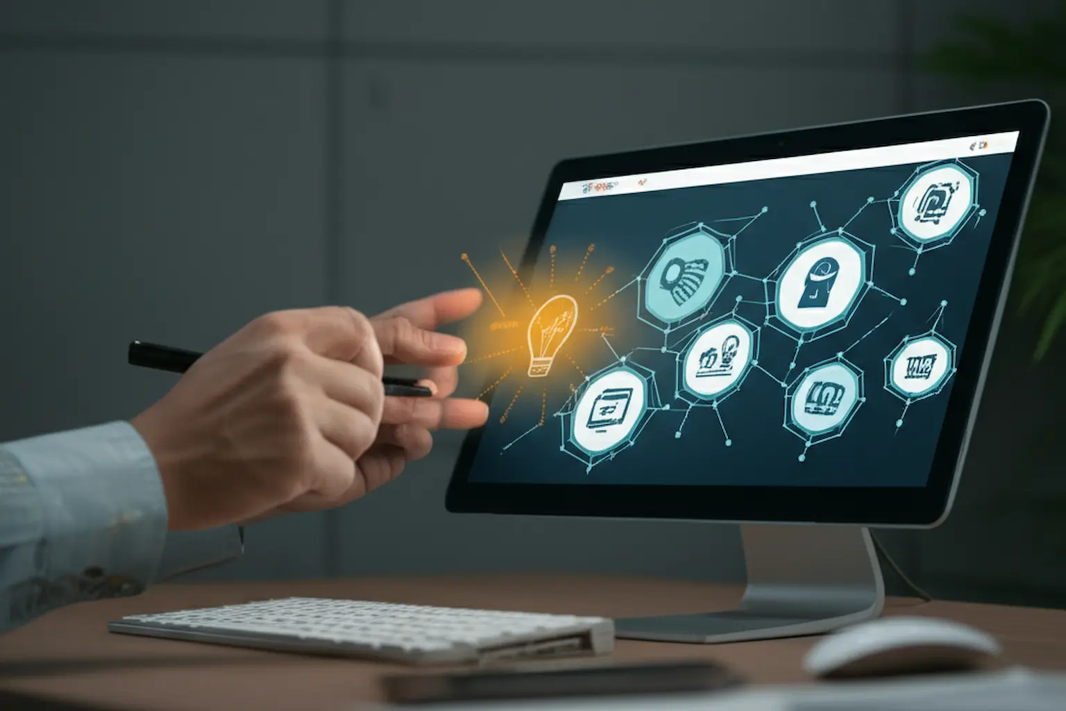 Close-up of hands interacting with a touchscreen monitor displaying a network of interconnected design concept icons, including a lightbulb radiating light.