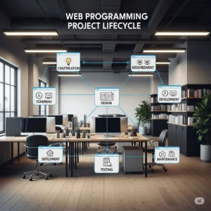 An infographic illustrating the "WEB PROGRAMMING PROJECT LIFECYCLE" with interconnected stages including Requirement, Design, Development, Testing, Deployment, Maintenance, and Collaboration (implied by 'OOUTRILLATION' and 'TONERRAINS'), set over an open-plan modern office.