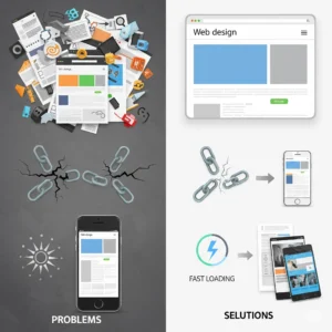 A split infographic contrasting "PROBLEMS" on the left (cluttered web design, broken links, slow loading phone) with "SOLUTIONS" on the right (clean web design, fixed links, fast loading phone), for effective webpage design