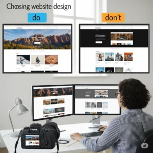 A split view of website designs on two pairs of monitors. The top left monitor shows a "do" example of good website design with clear images and layout, while the top right "don't" monitor shows a less effective design. Below, a person works at a desk with two monitors displaying more website content, and a Canon DSLR camera is visible on the left.