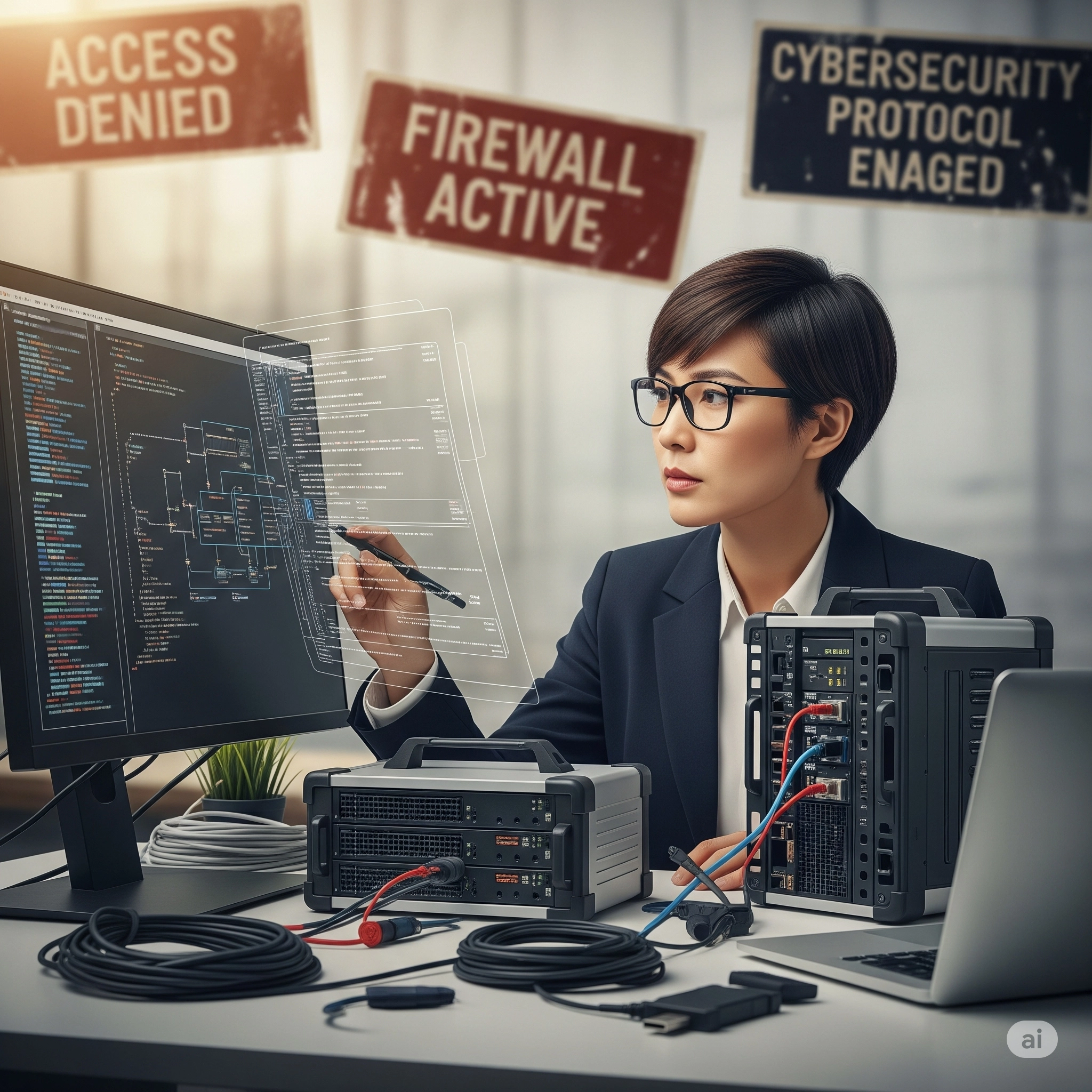 A focused woman in glasses and a suit intently works on a computer, interacting with a holographic interface displaying code and network diagrams. Surrounding her are server-like devices, network cables, and warning signs in the background stating "ACCESS DENIED," "FIREWALL ACTIVE," and "CYBERSECURITY PROTOCOL ENAGED."