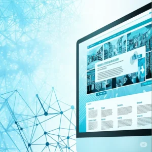 A close-up view of a computer monitor displaying a modern website layout with abstract patterns and text in shades of blue and white. A light blue geometric network pattern is in the background