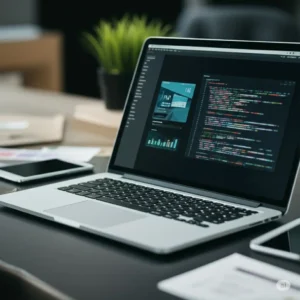 A laptop screen displaying lines of code on the right and a graphical user interface design on the left, with a smartphone in the foreground