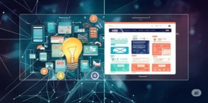A glowing lightbulb surrounded by interconnected digital interface icons, leading to a separate screen displaying a website layout. All elements are set against a dark background with network patterns