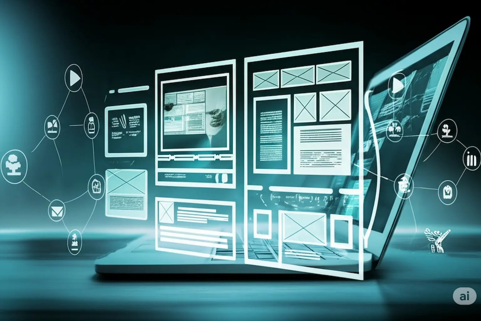 A modern laptop open and displaying semi-transparent wireframe layouts and user interface elements floating above the keyboard, connected by glowing lines and icons representing different aspects of web design and user interaction