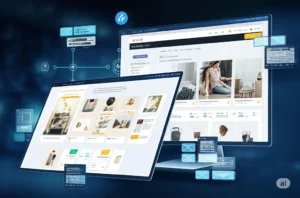 Two large, glowing screens displaying modern e-commerce website design layouts with product galleries and content, surrounded by floating digital communication icons and network lines, suitable for a blog about e-commerce