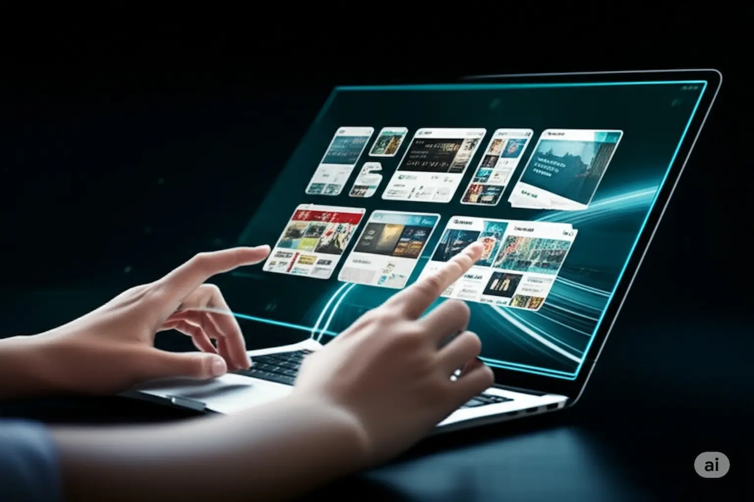 Hands interacting with a laptop that displays multiple floating website or application interfaces, with glowing lines suggesting digital speed and connectivity, representing a WordPress template or webpage design process