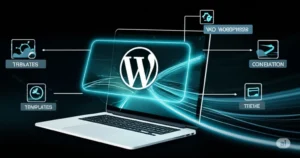 A laptop with a glowing screen displaying a large WordPress logo, surrounded by connected floating icons and text labels like "Templates," "Theme," and "Connection," illustrating the WordPress template ecosystem for a digital journey