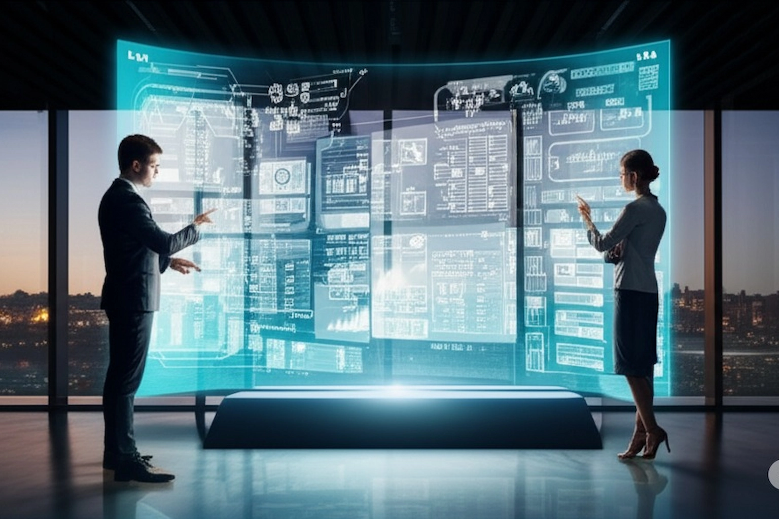 A man and a woman in business attire interact with a large, glowing holographic screen displaying complex data, charts, and digital interfaces in a modern office with a city view at dusk.