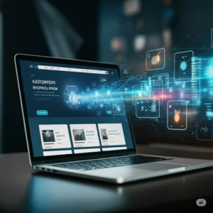 A laptop displaying a website with a complex digital graphic. From the laptop, glowing blue data streams extend to the right, connecting to various abstract icons representing data, technology, and connectivity against a blurred background.