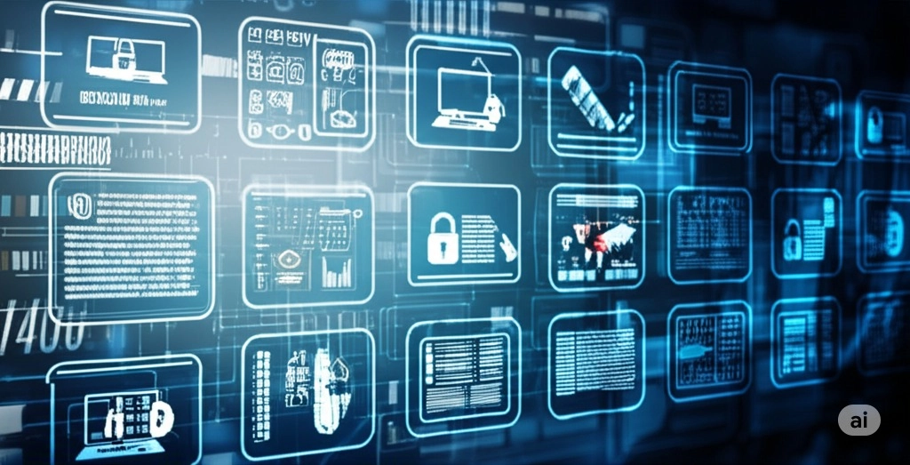 A grid of glowing blue digital icons representing various aspects of cybersecurity and data management, including padlocks, computers, servers, documents, and abstract data visualizations, all against a blurred technological background.
