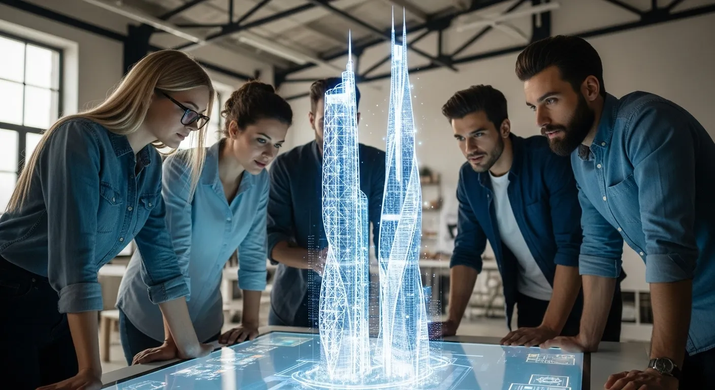 A team collaborating on a blueprint, symbolizing the strategic planning process of a top web developer agency.
