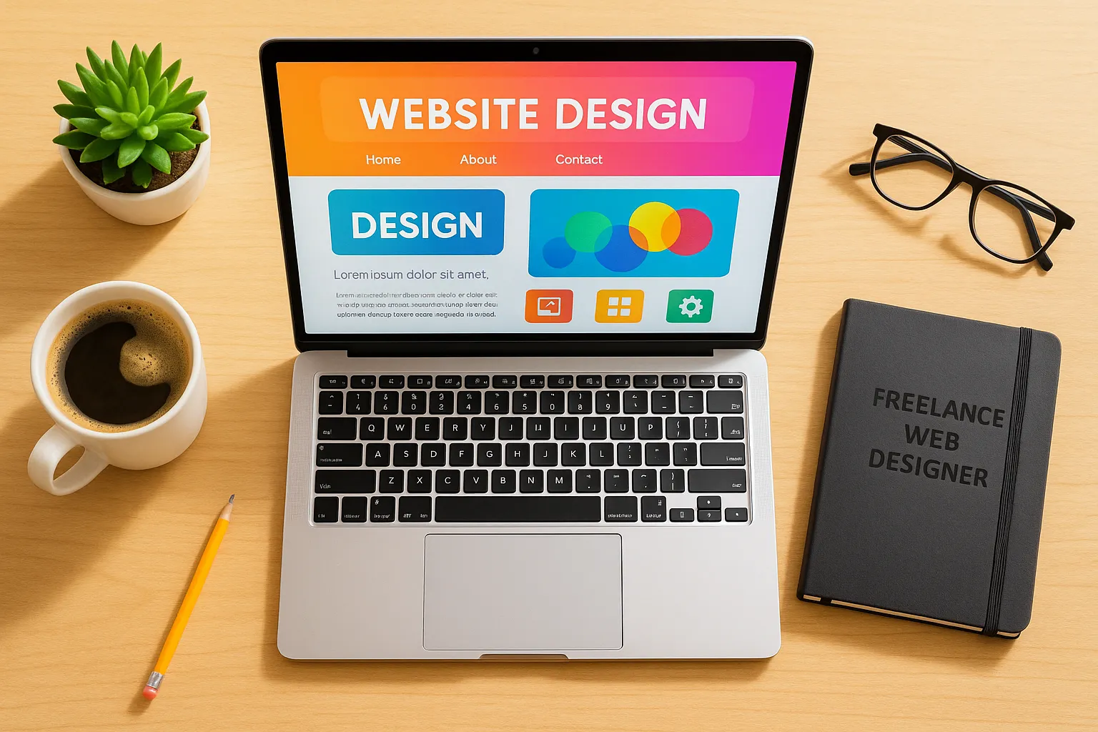 A freelance web designer's modern and creative workspace, showcasing the tools for designing a successful website.