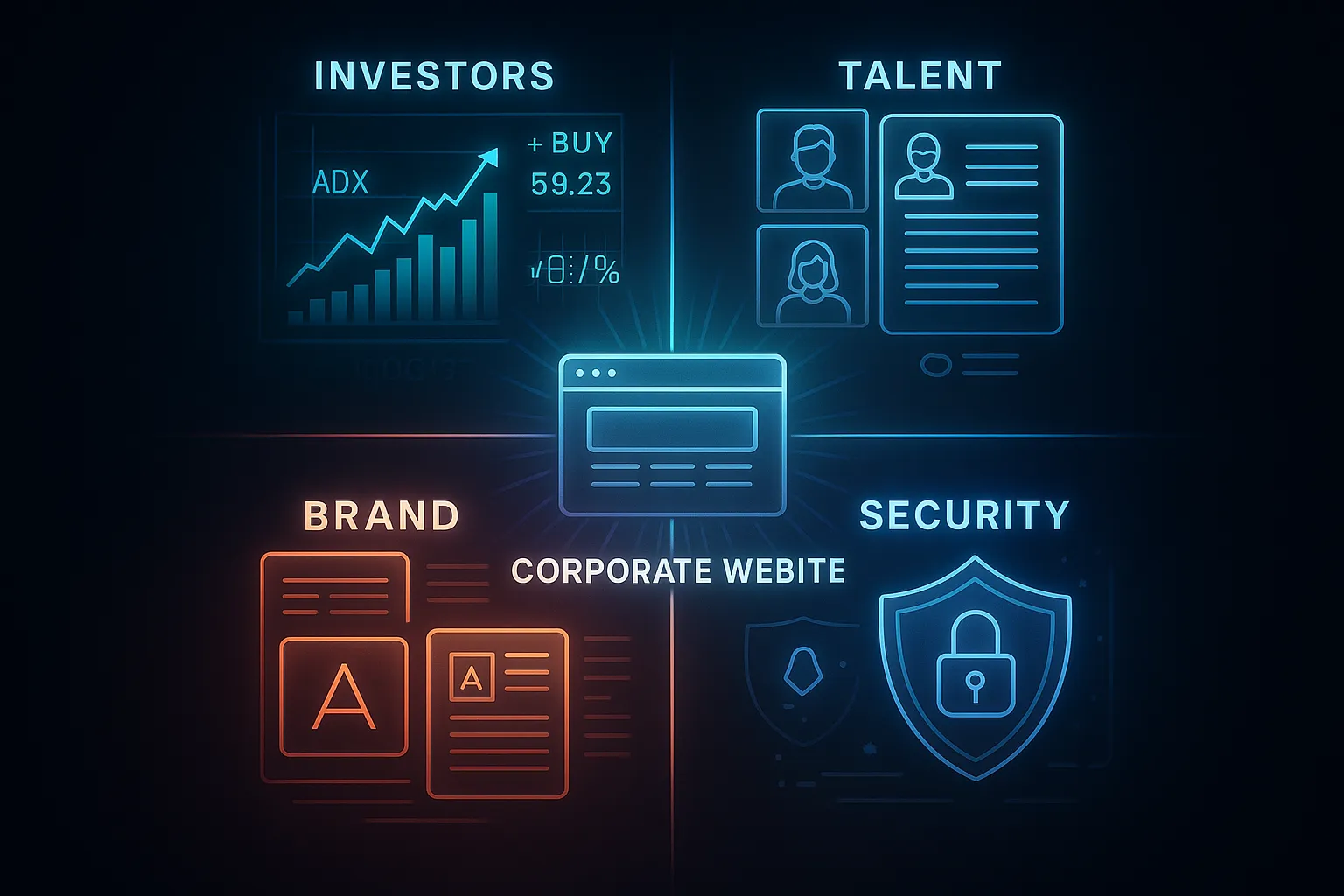 An infographic showing how a corporate website serves investors, talent, brand, and security, a key focus for a corporate website design agency.
