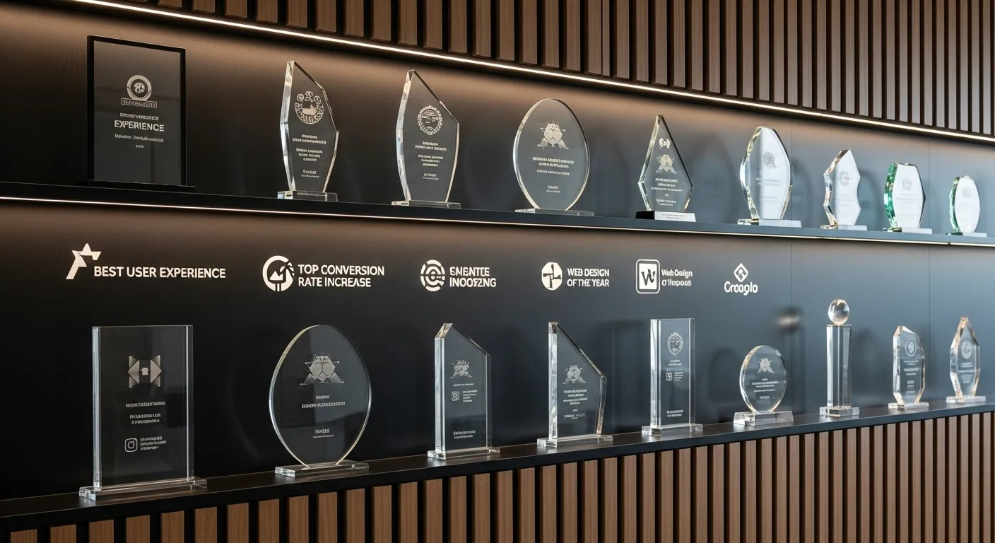 A trophy case showcasing awards for design and results, representing the qualities of the top 10 website design companies.