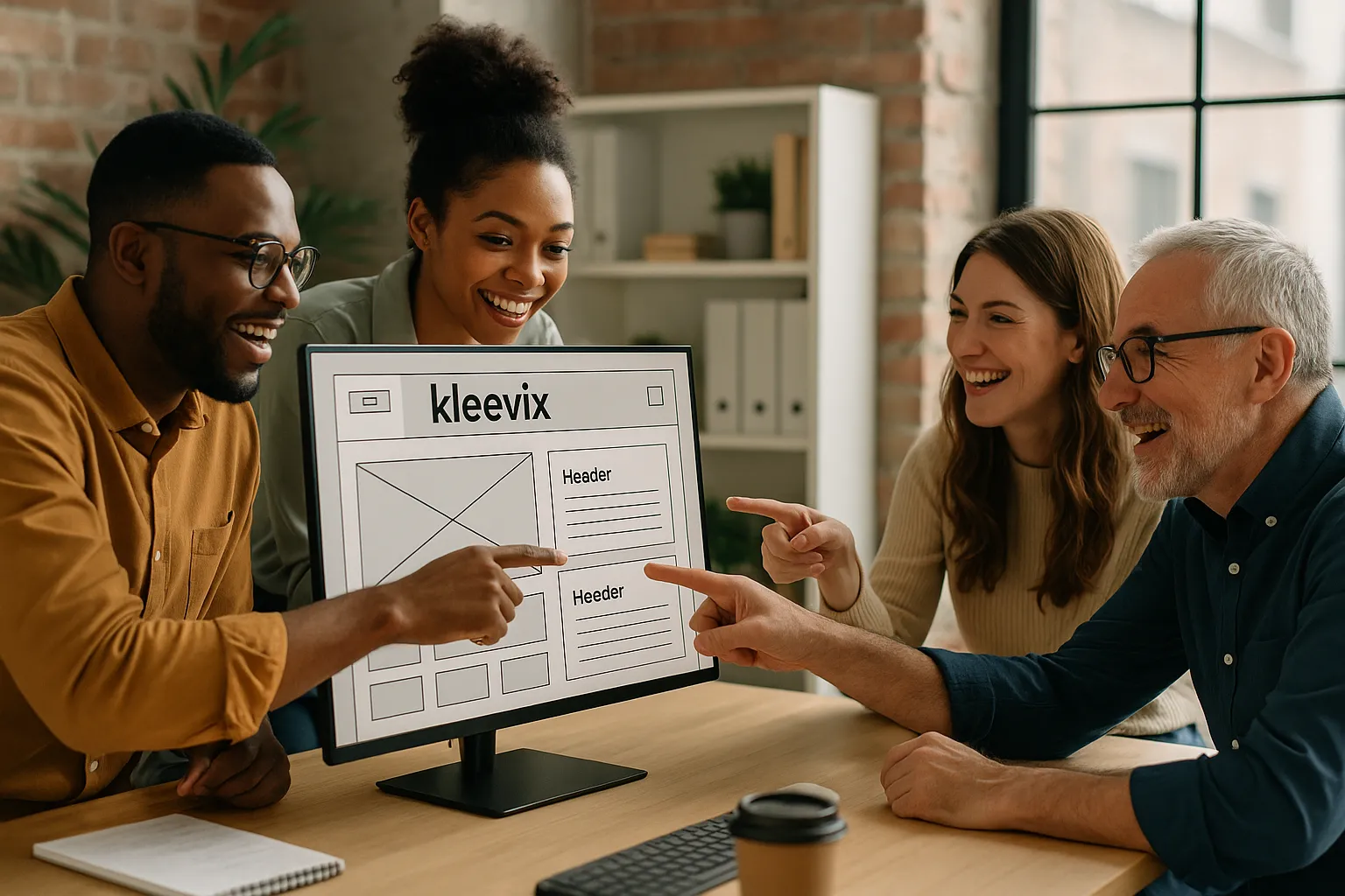 The expert team at Kleevix collaborating on a project, showcasing their synergy which is comparable to working with a dedicated freelance web designer.