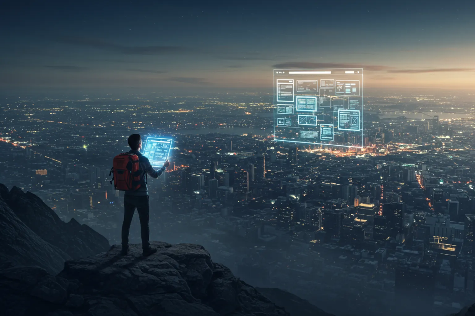 The freelancer, a web design expert, overlooking a digital city, symbolizing their powerful role in the industry.