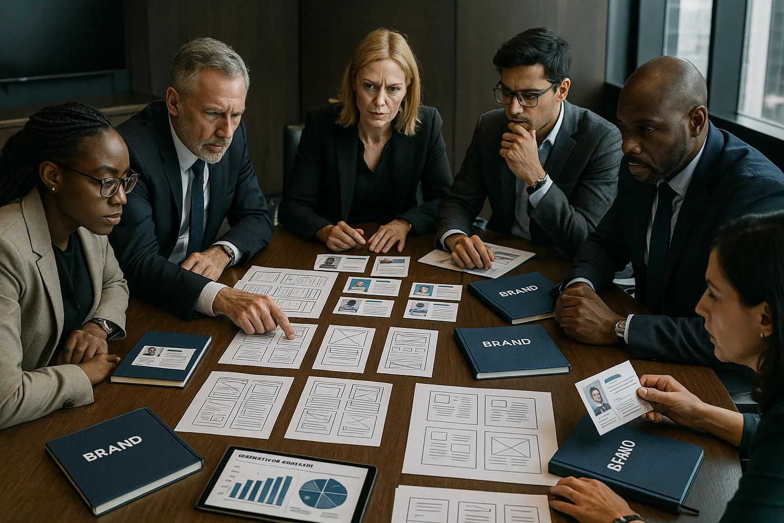 A team at a corporate website design agency in a deep strategy session, showcasing their meticulous planning process.