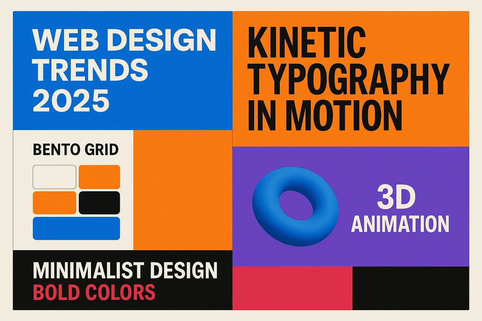 A collage of the top website design trends in 2025, including bento grids, kinetic typography, and 3D elements.