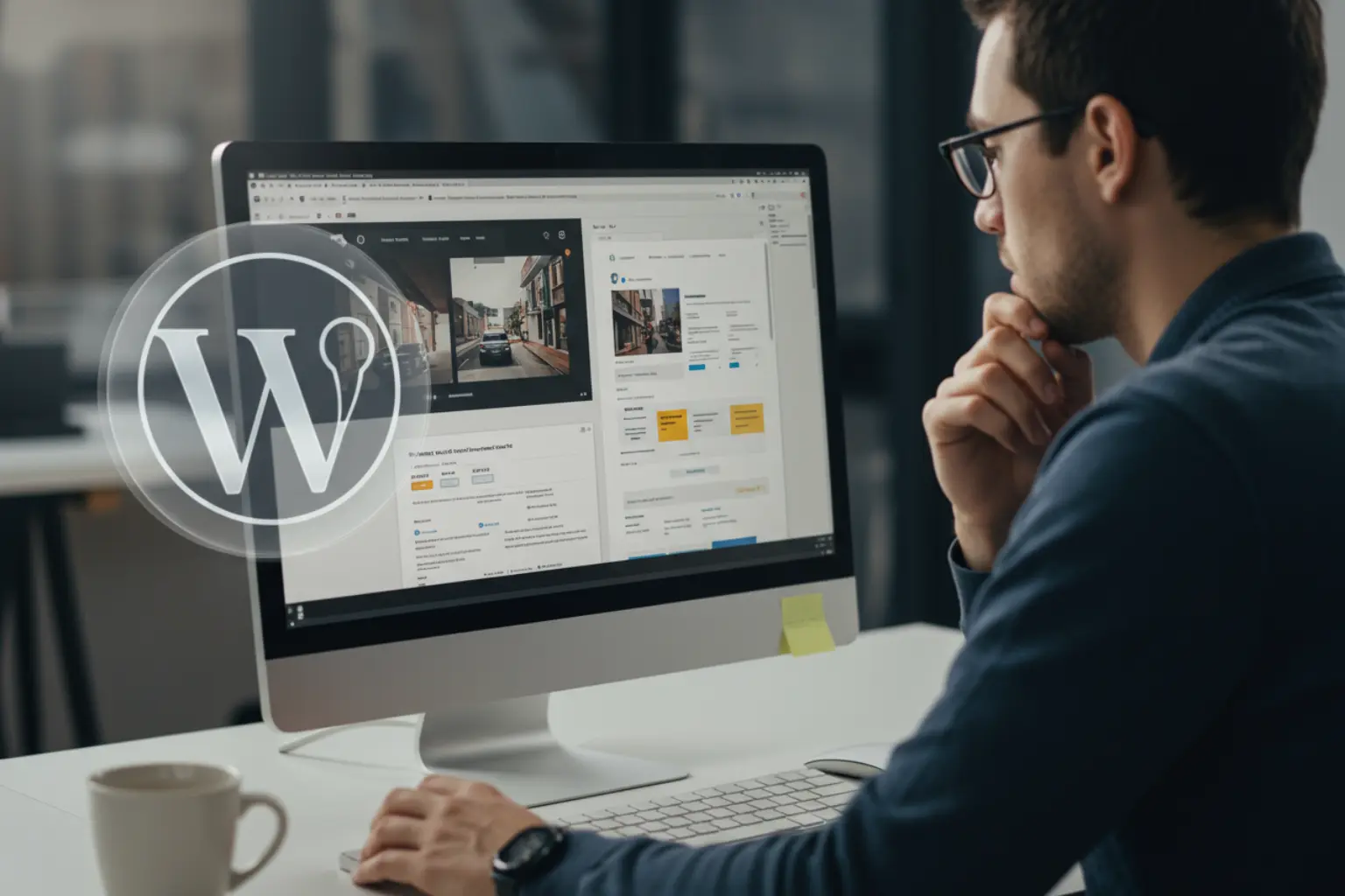 A person thoughtfully choosing a WordPress web designer by comparing two different website mockups on their computer screen.