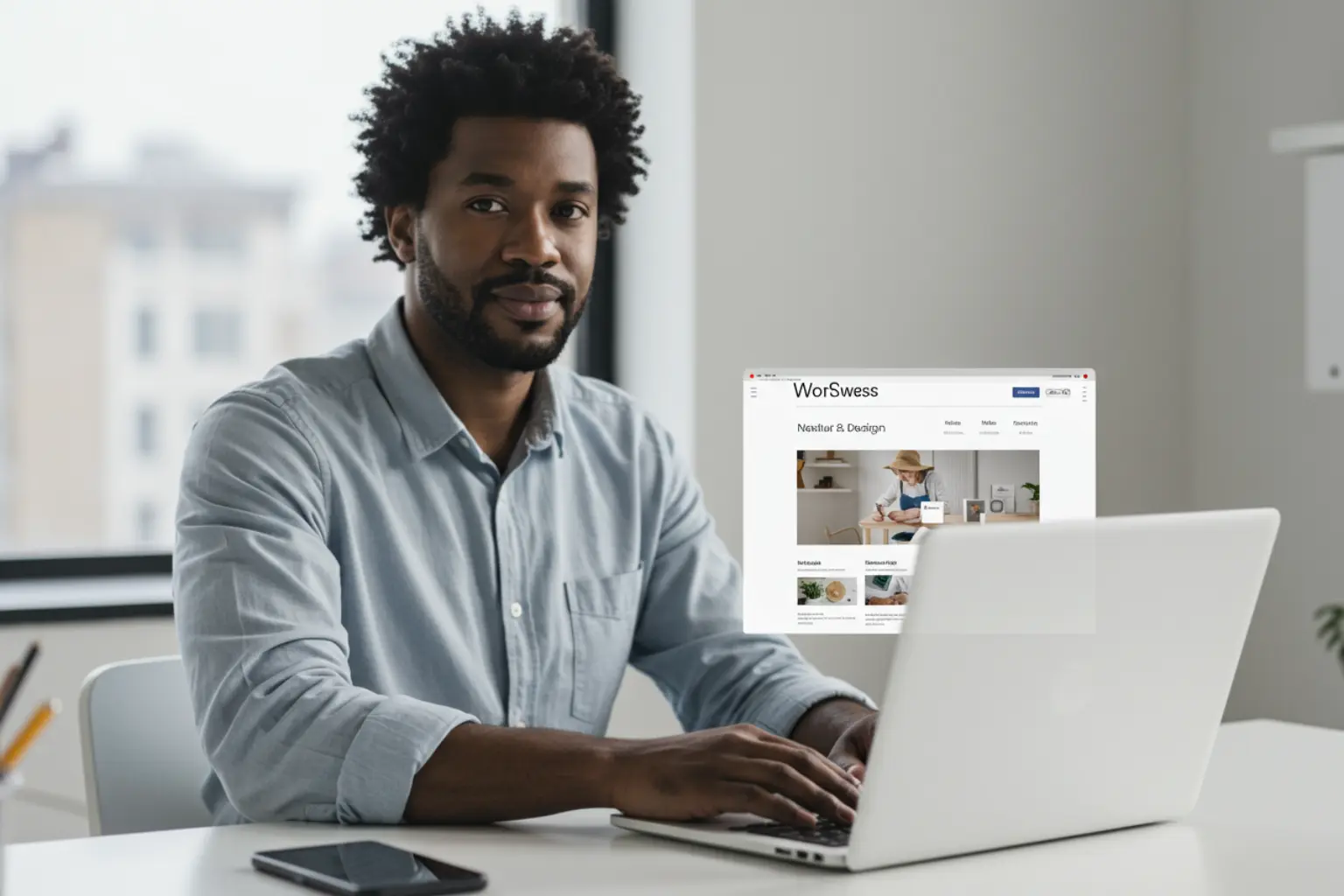 A smiling business owner looking at their new website, illustrating how to choose a WordPress web designer successfully.
