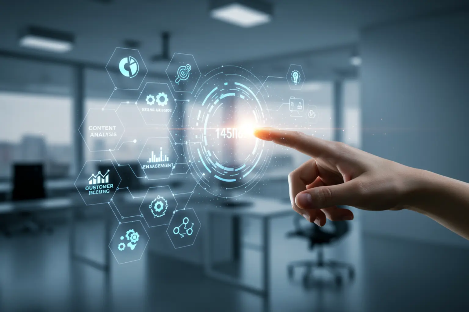 A professional from a website design agency interacting with a holographic display of AI marketing tools.